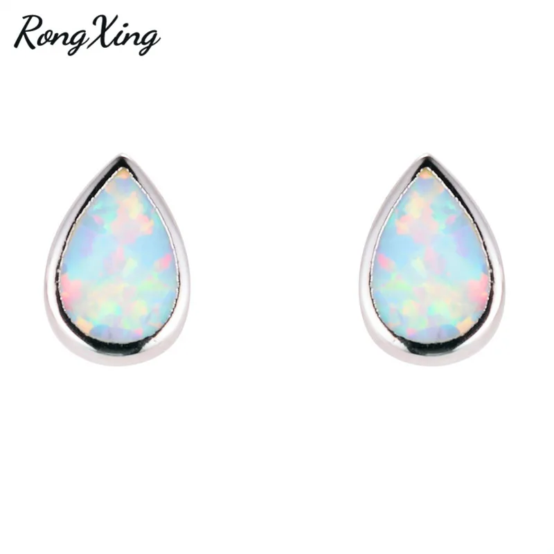 

RongXing White/Blue Fire Opal Stud Earrings For Women 925 Sterling Silver Wedding Jewelry Gold Filled Ear Studs Earrings Ear0591