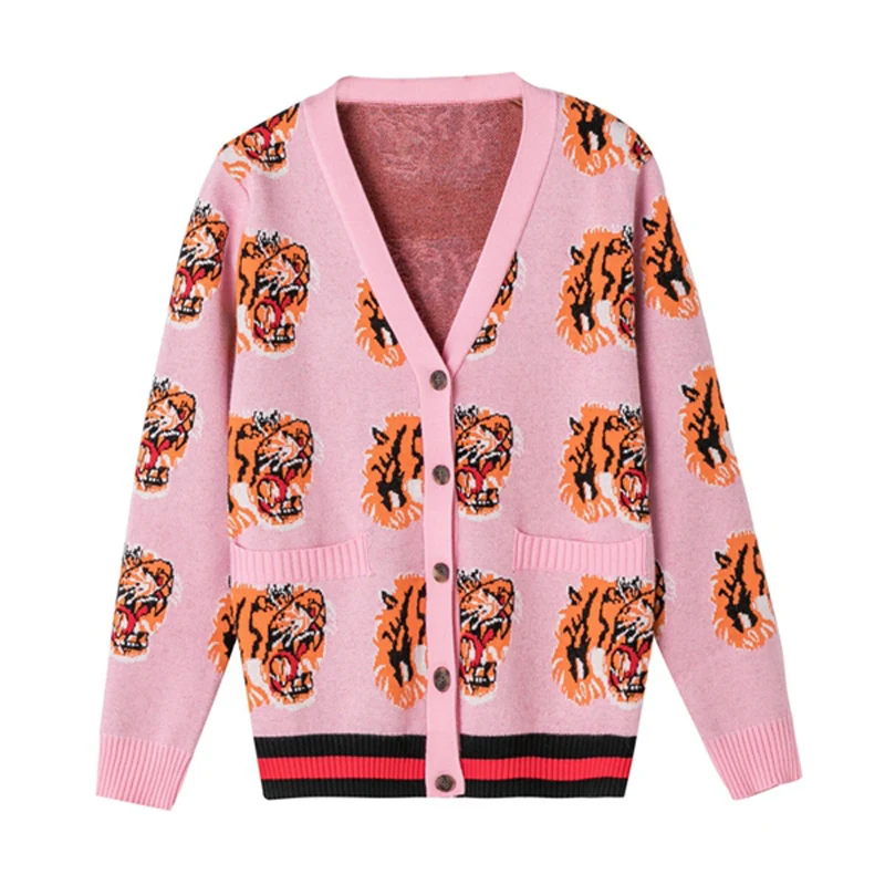 Роскошный дизайнерский брендовый зимний женский кардиган с вышивкой тигра, вязаный свитер синего и розового цвета, высококачественный шерстяной свитер