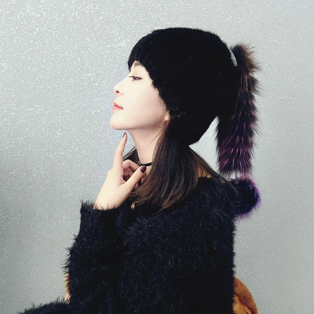

Mink fur fox fur hat fur hat stretch wool cap winter lady warm