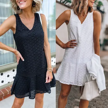 

Women dress Sexy Solid vestidos V-Neck female clothing Lace Hollow Out Ruffled Sleeveless Mini Dress jurken zomer 2019