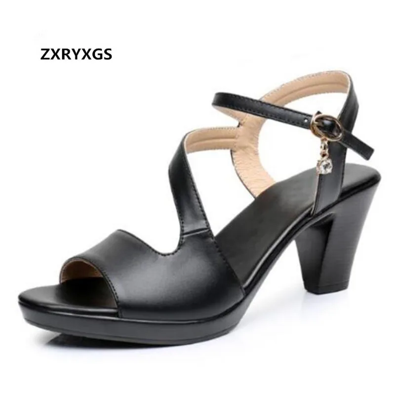

Open Toe Real Leather Shoes Woman sandals 2018 New Elegant Fashion Casual sandals Women shoes High Heeled Sandals 6 cm Plus Size