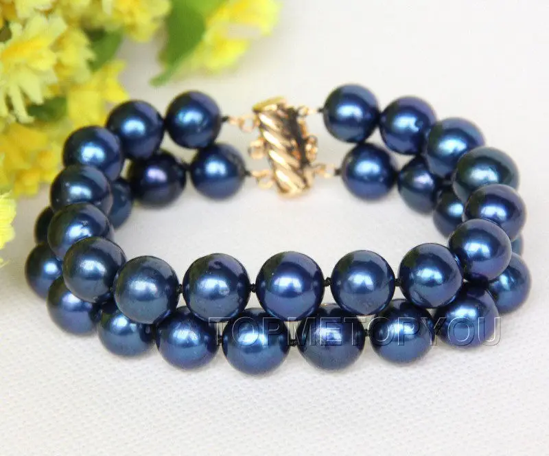 

Shipping >>>>8" 12mm 2row round navy blue FW pearls bracelet 14K/20 clasp E2681