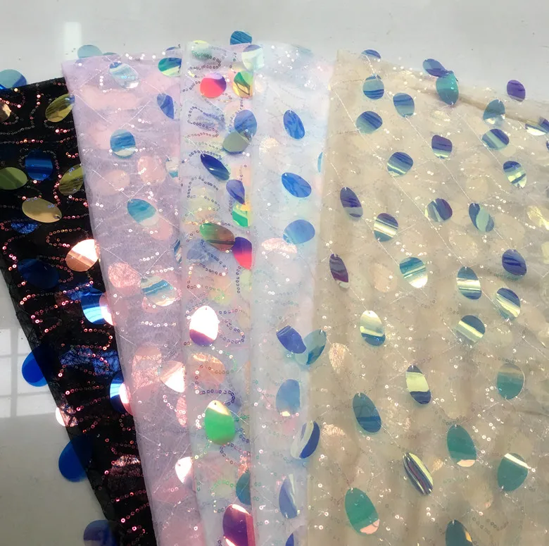 

1 Yard 90cm Fantasy Laser Colorful Large Drop Sequin Embroidery Mesh Fabric INS Hot Party Background Glitter Fabric