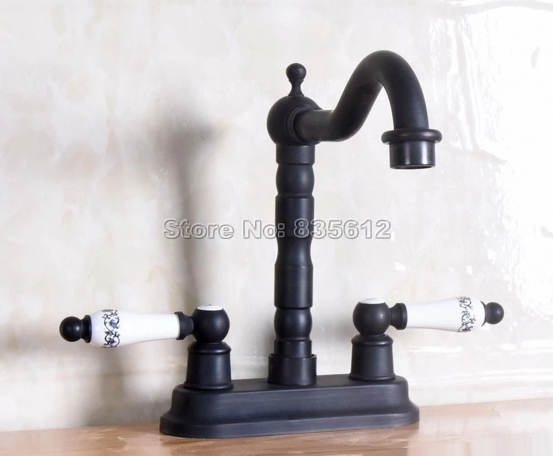 

Black Oil Rubbed Bronze Deck Mounted Swivel Spout Bathroom Basin Faucet / Dual Ceramic Handles Vessel Sink Mixer Taps Wnf152