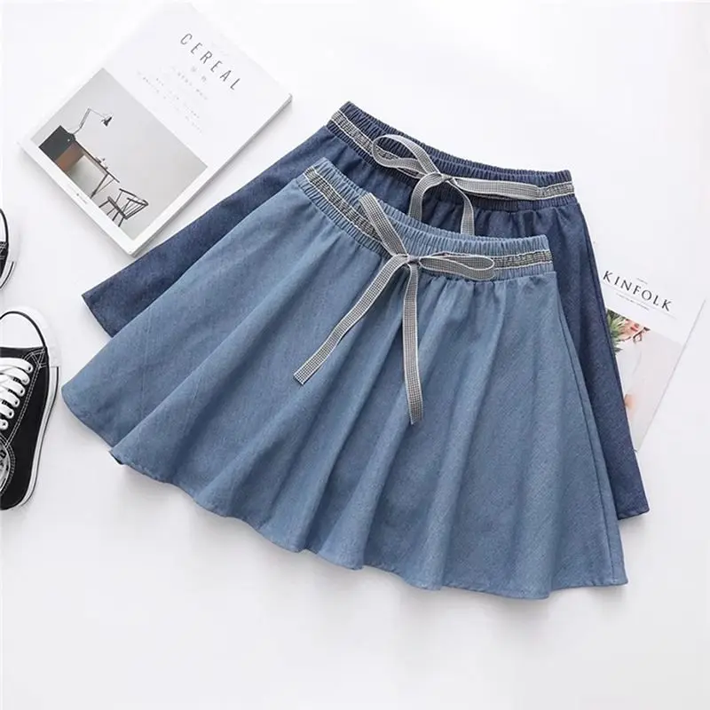 Women Denim Casual Drawstring Bow Women Skirt Solid Color A-line Mini Skirt Female Elegant Big Hem Fashion Jean Skirt 2019