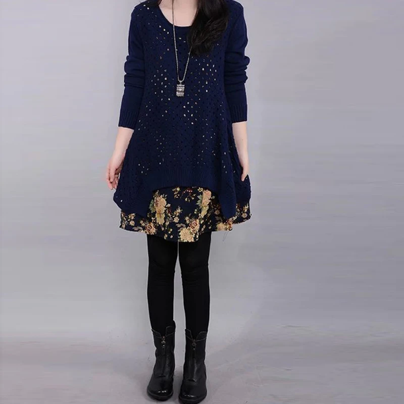Autumn Winter Women's Long sleeve Knitted Floral Dress Loose Casual Party Dress