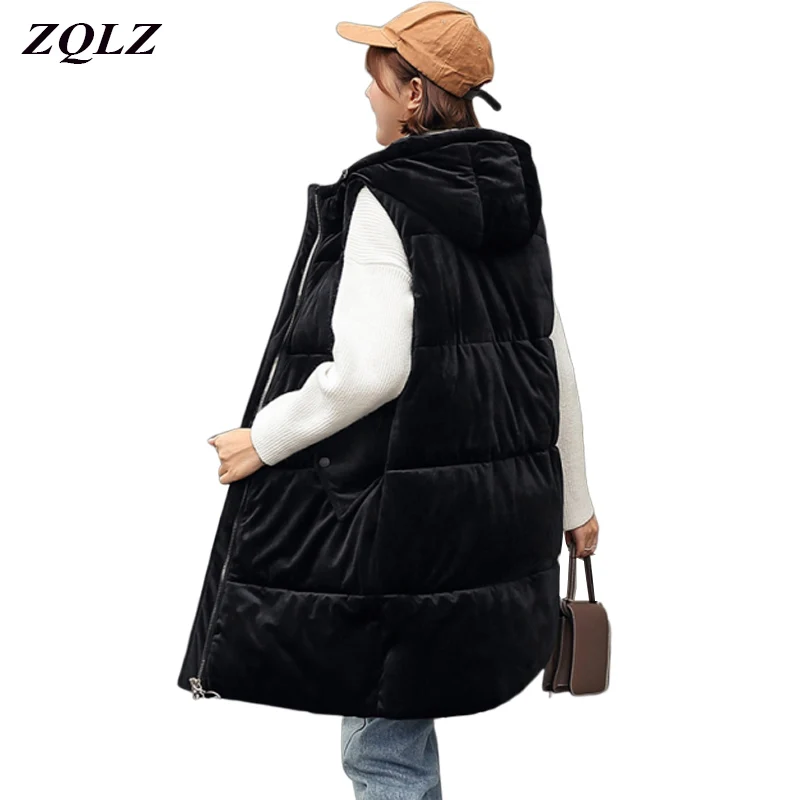 

Zqlz Women Sleevless Hooded Hooded Jacket Vest Coat Velvet Cotton Padded Plus Size Slim Long Waistcoat Autumn Winter Outwear