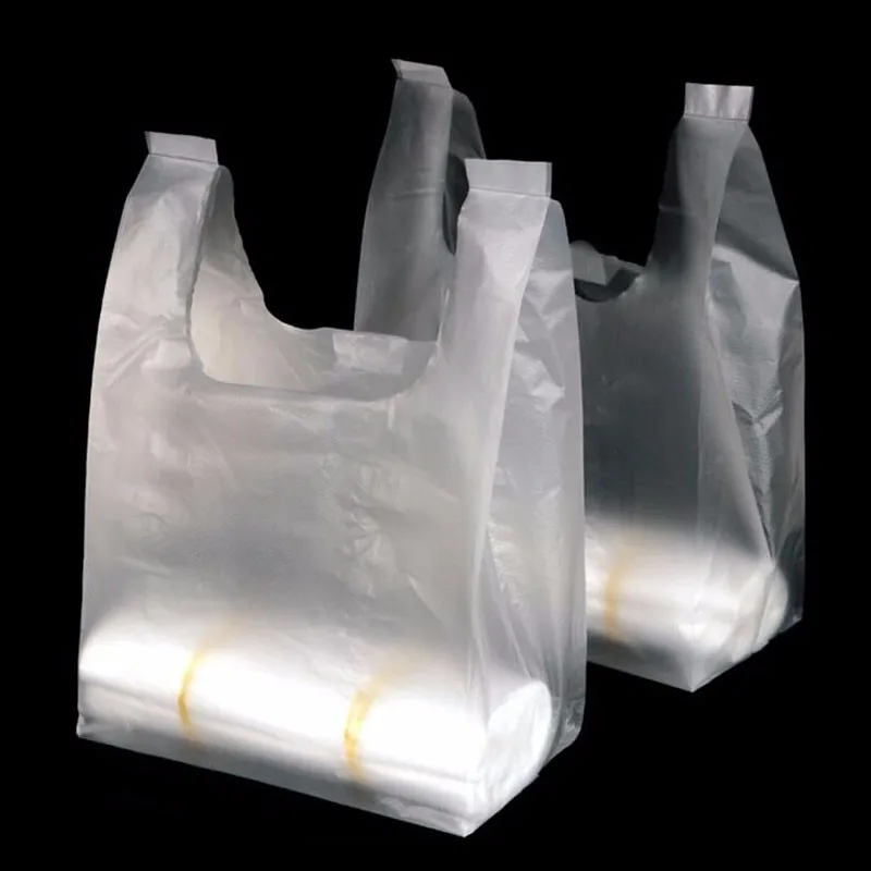 100pcs Recyclable White Plastic Carry Out Shopping Bags, Plain Clear Supermarket Vest Bag with ...