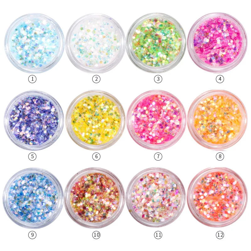 

1 Box Nail Sequins Set Nail Mermaid Sequins Transparent Colorful Glitter Glitter Hexagonal Mixed 12 Colors Nail Decoration Tool