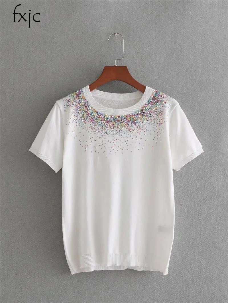 

20018 Summer Fashion New Women's Short Sleeve Round Neck Sequin Sweater