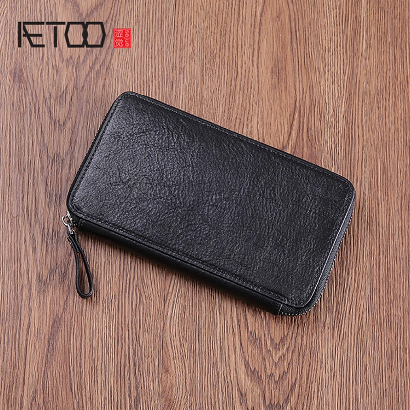

AETOO Wallet male leather long zipper mobile phone bag casual multifunctional head layer cowhide man handbag