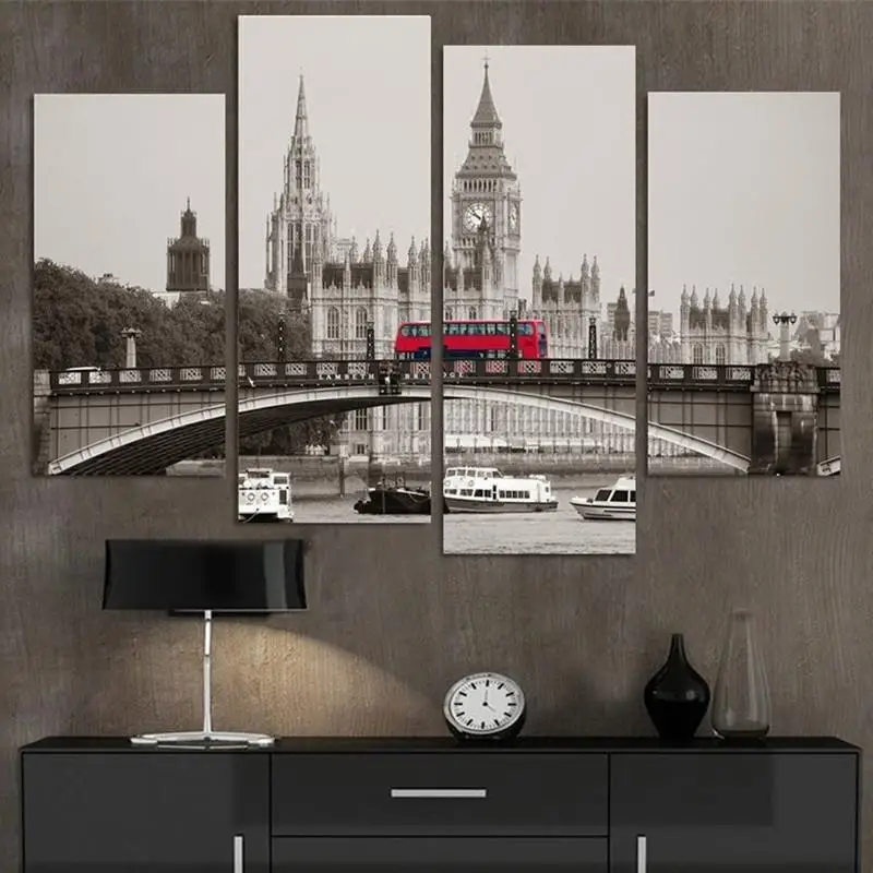 Современные HD печатные настенные художественные рамки холст картины 4 шт. Лондон Биг Бен красный автобус здания городской пейзаж плакаты домашний декор