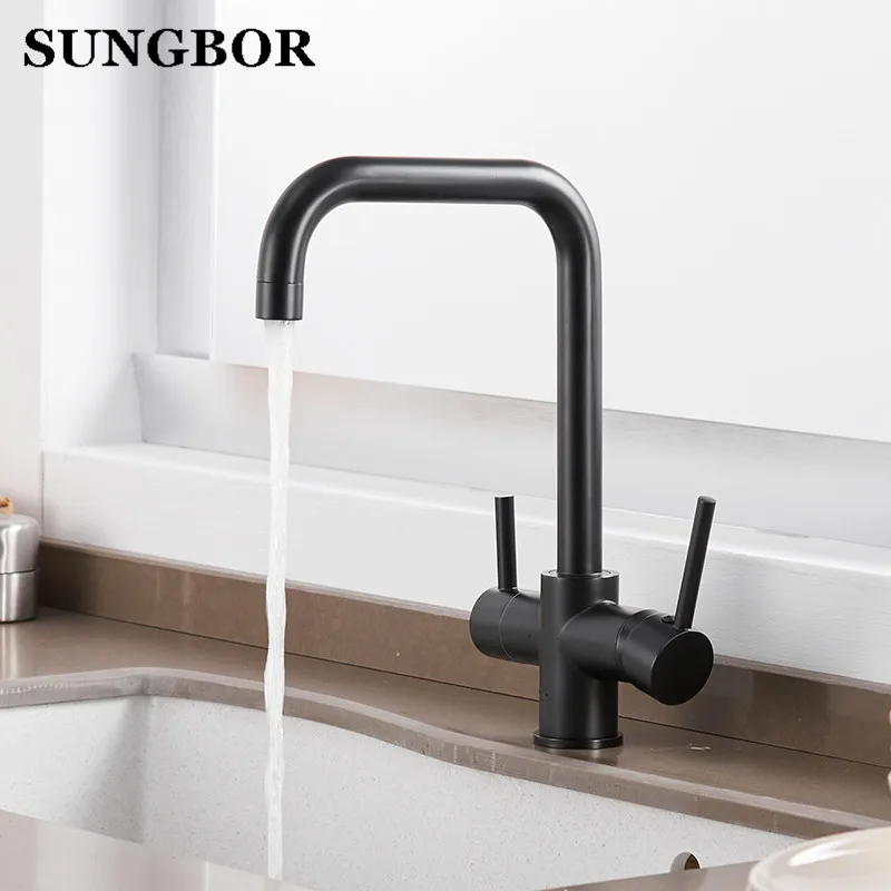 Purifier Kitchen Faucet with Filtered Water Dual Handle Drinking Water Tap,Cold and Hot Mixer Sink Faucet Black Copper CF-0187H