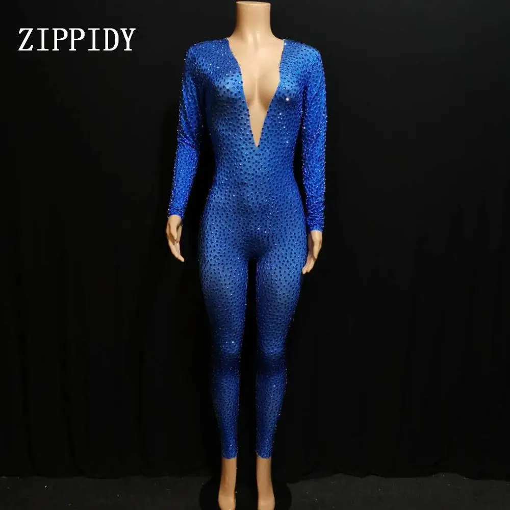 

Glisten Blue Rhinestones Bodysuit Women Party Prom Sexy Jumpsuit Costume Stage Wear dance Nightclub Singer Leggings Outfit