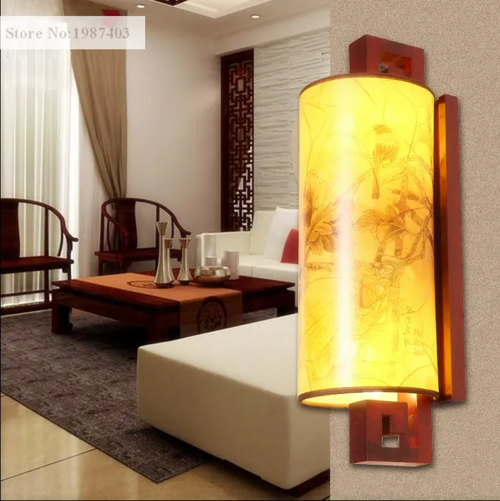 Modern chineses red carved wood art wall lamps antique style yellow PVC shade E27 LED lamp for bedroom&porch&stairs LMJBD002
