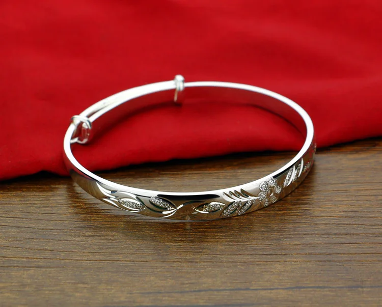 Bohemian Vintage Retro Silver Bracelets for Women - Classic Carved Leaf Plum Design with Zircon, Crafted in Solid 925 Sterling Silver image 4