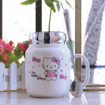 С изображением героев из мультфильмов, 1 штука, цветочная керамическая 550 мл Кофе чашка для молока, чая чашки с Ложка Крышка - Цвет: KT C