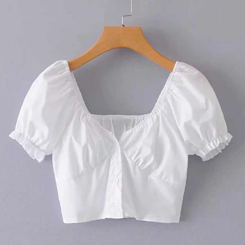 

Women's Sweetheart Neckline Button Shirt Blouse Up Crop Tops Puff Sleeves 2019 Summer Fashion Clothes Women Daisy Crop Blouses