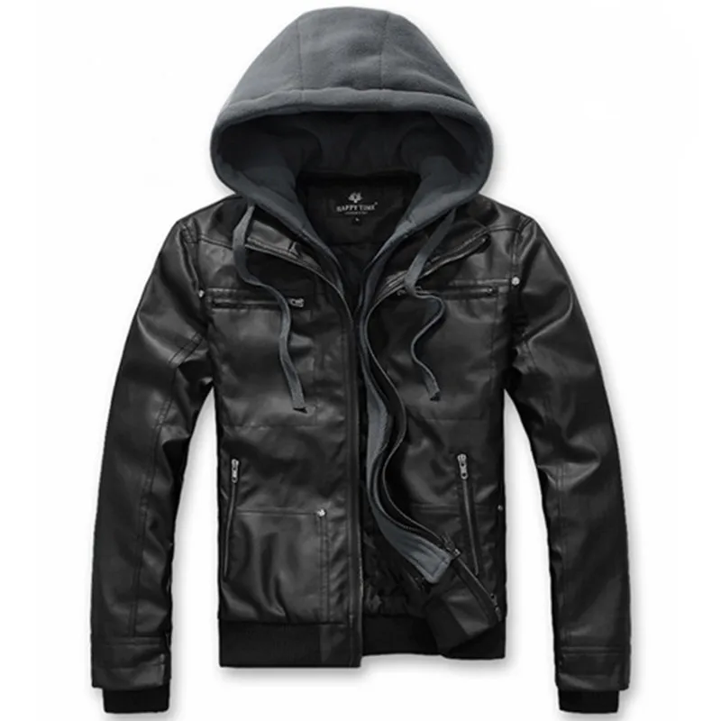 Мужская осенне-зимняя кожаная куртка с капюшоном, Байкерская мотоциклетная верхняя одежда, теплое пальто, Новое мужское высококачественное приталенное пальто для отдыха - Цвет: Черный