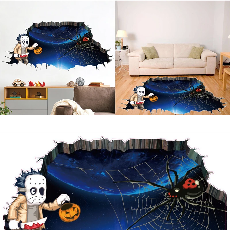 

Cratching the Cracked Floor Scary Wall Sticker Decal Removable 3D Halloween Horror Decor Vivid Ghost Hand Pumpkin Bat
