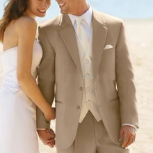 Новая мода-Индивидуальный заказ две кнопки Жених Смокинги бежевый Лучший Мужчина Нотч дружки Мужские Нарядные Костюмы для свадьбы жених(Jacke