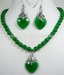 Горячая распродажа бесплатная доставка> 8 мм зеленый Нефритовое ожерелье подвеска в виде сердца серьги