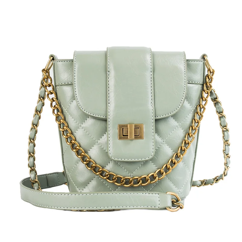 

Lingge Chain Lock Bucket Bag Girl Solid Color Messenger Bag 2019 New Fashion High Quality PU Women Shoulder Bag