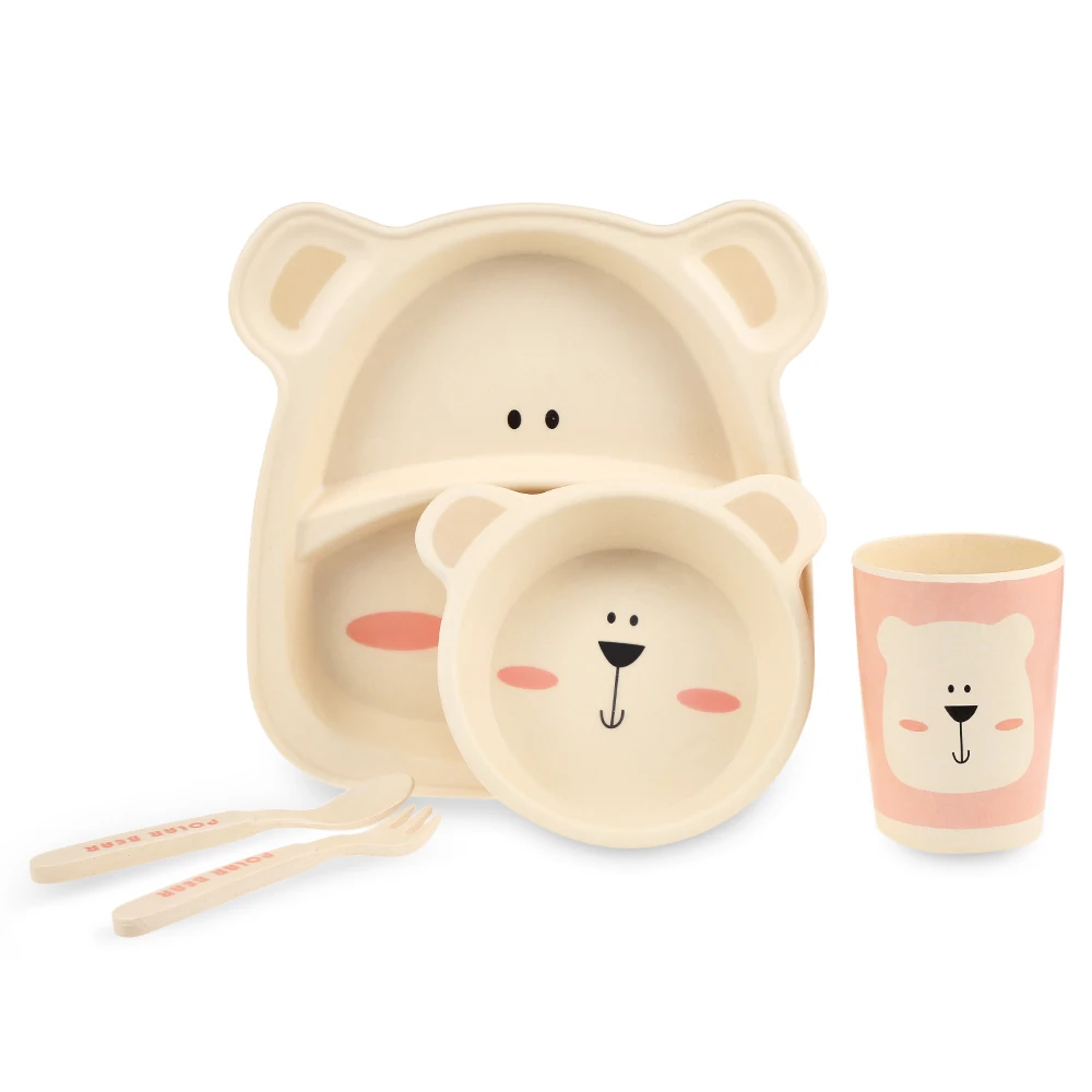 

5PCS Baby Bamboo Fiber Tableware Lovely Animal Panda/Tiger/Polar Bear/Frog Pattern Solid Feeding Tablewares Set For Kid Children