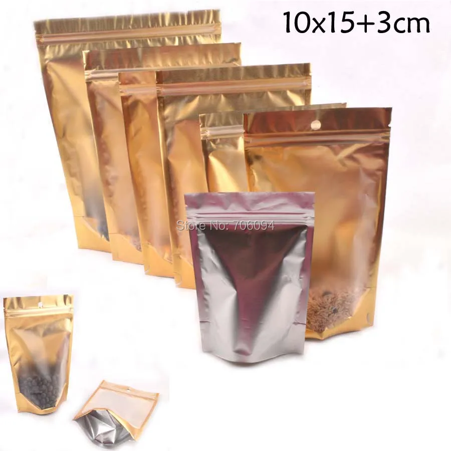

10x15+3cm(3.9''x5.9'') 200PCS one side matte clear foil silver stand up zipper bag ,gift Gold Standup ziplock Packing Pouch