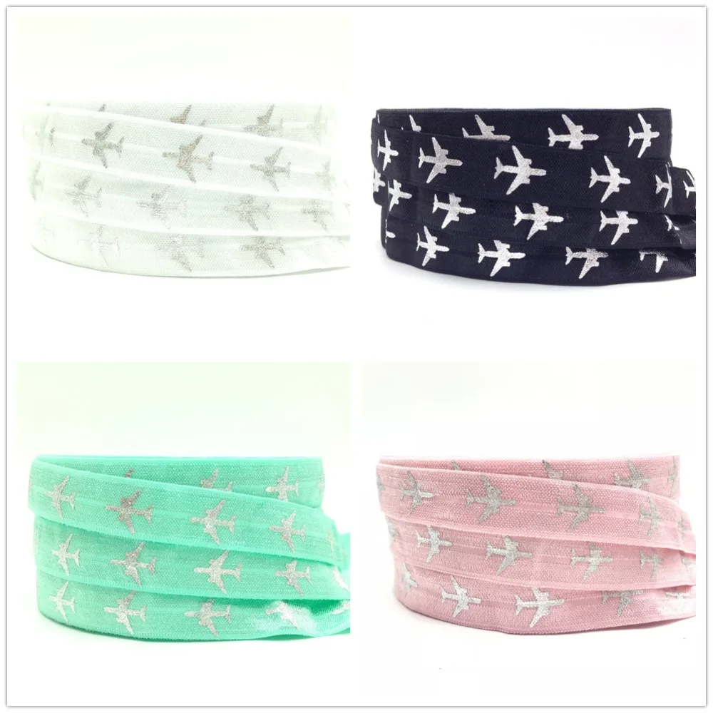 

5Yards 16mm Silver Plane Print Fold over elastic bands DIY Headband Hair ties decoration Accessories