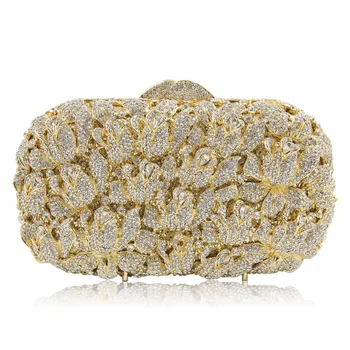 

High-end Gold Luxury Diamond Flower Evening Clutch Bag Bridal Wedding Sparkly Rhinestone Cocktail banquet Bag pochette Purse