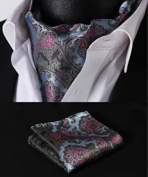

RF201B Blue Pink Paisley Silk Cravat Woven Ascot Hanky Handkerchief Set