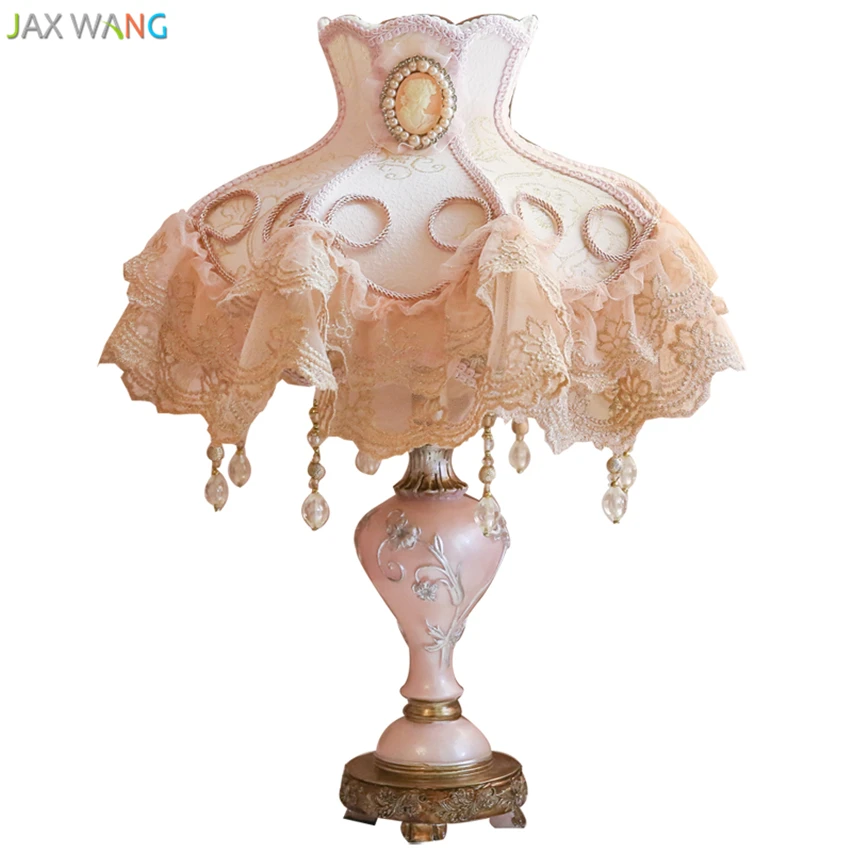 European Style Pink Lace Table Lamp Resin Lights for Living Room Girl