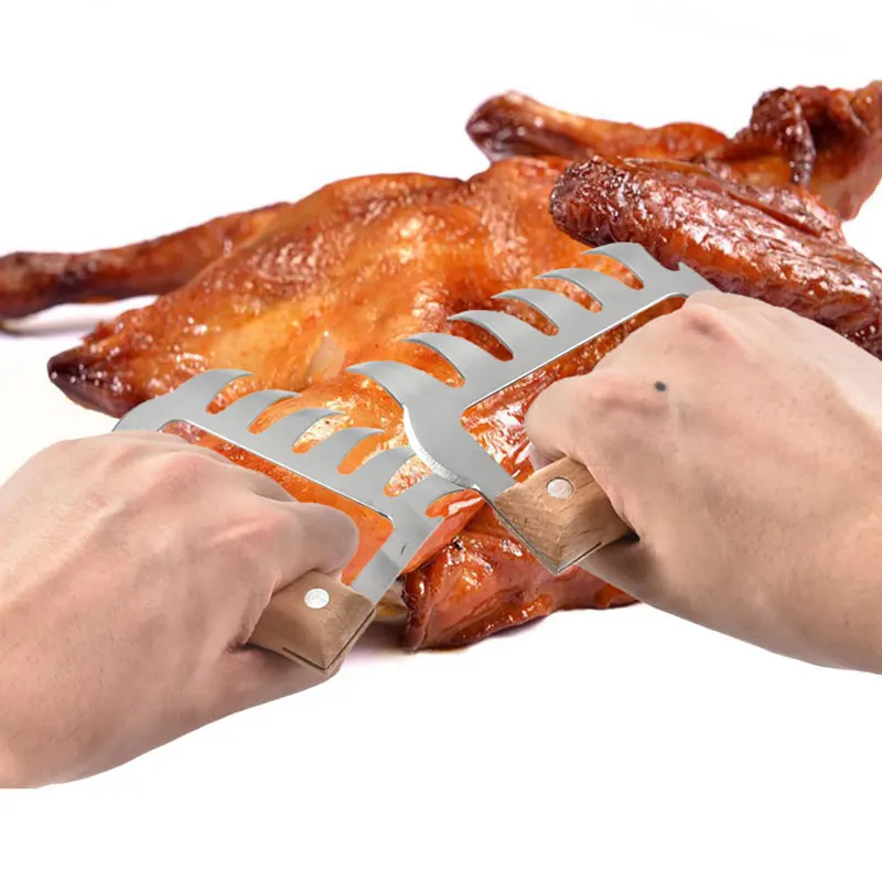 

Multi-function Meat Shredder Claws Wooden Handle Stainless Steel Bear Paws Chicken Separator Handler Food Forks Puller BBQ Tool
