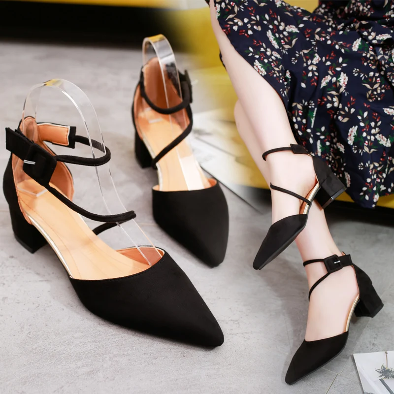 

2018 spring new shoes female shallow mouth Roman bandage Baotou rough with high heels pointed low-heeled hollow shoes.