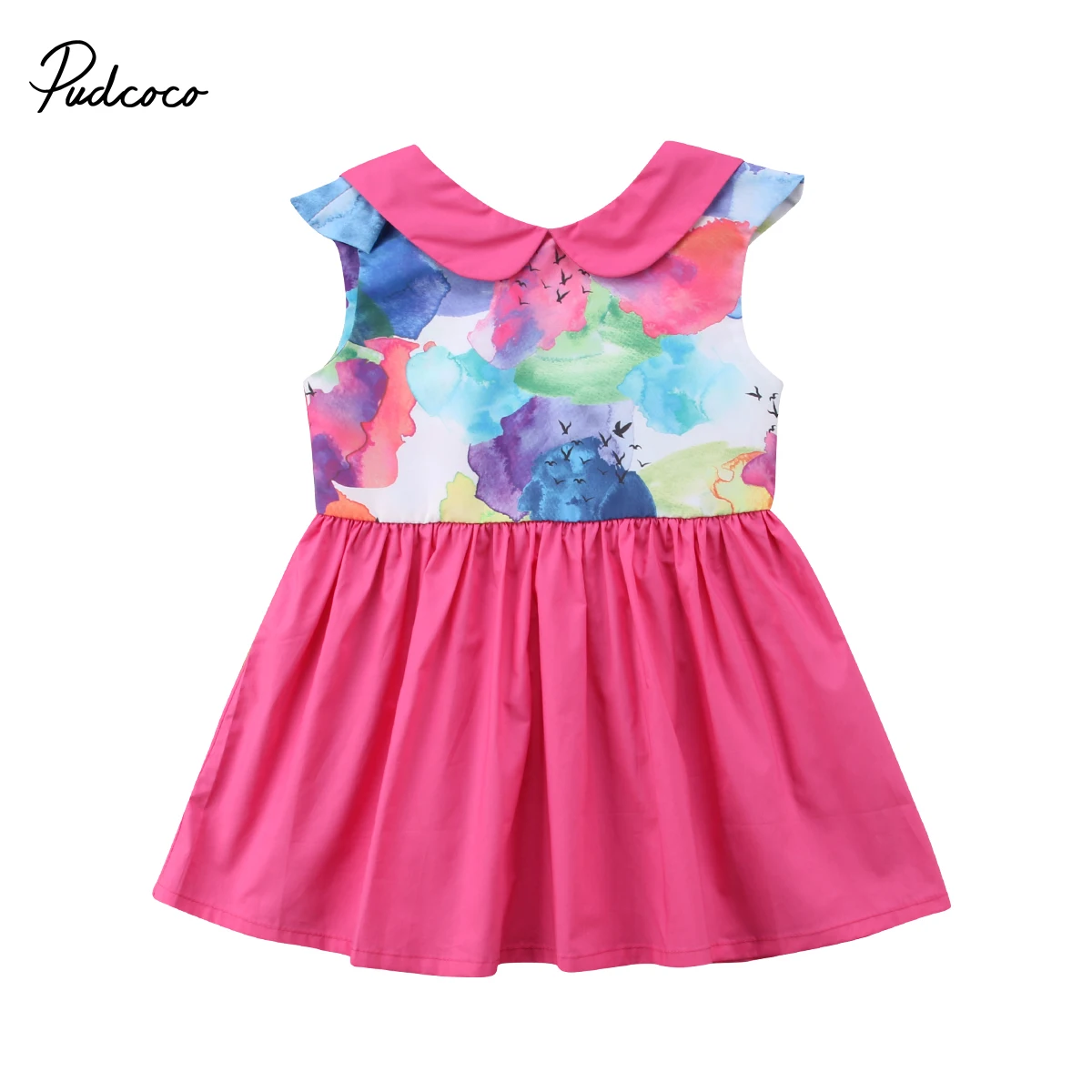 

New Promotion Kids Baby Girls Stylish Dress Floral Ink Mosaic Princess Sundress Clothes Short Sleeve Summer Backless Party Dress
