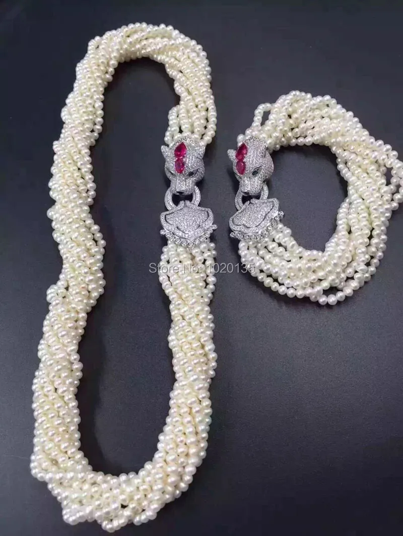 

10rows freshwater pearl near round necklace bracelet 4-5mm nature beads wholesale 19inch leopard clasp FPPJ