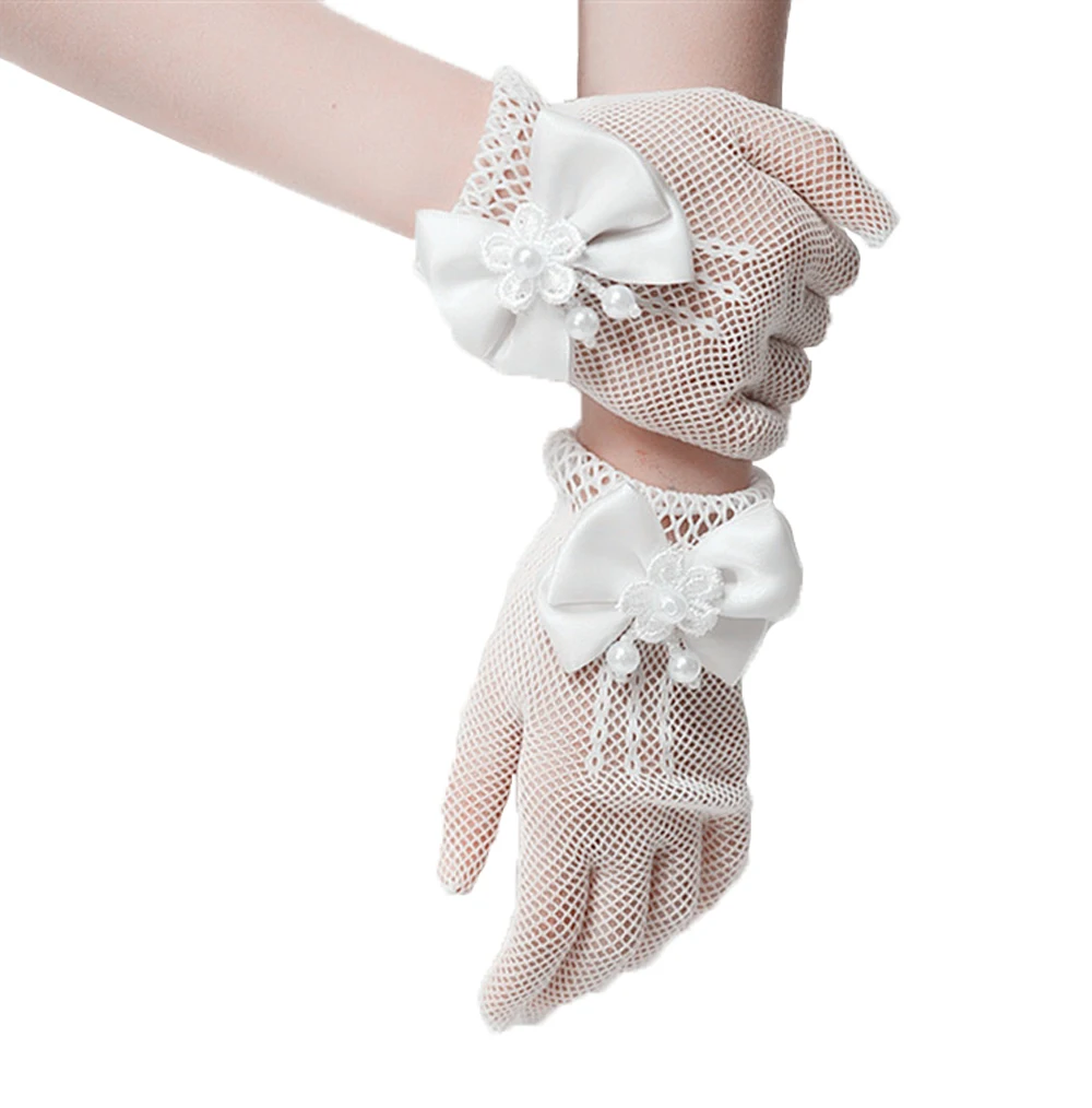 Перчатки для свадебного платья, перчатки принцессы с цветочным кружевом и бантом, сетчатые перчатки из вуали для женщин