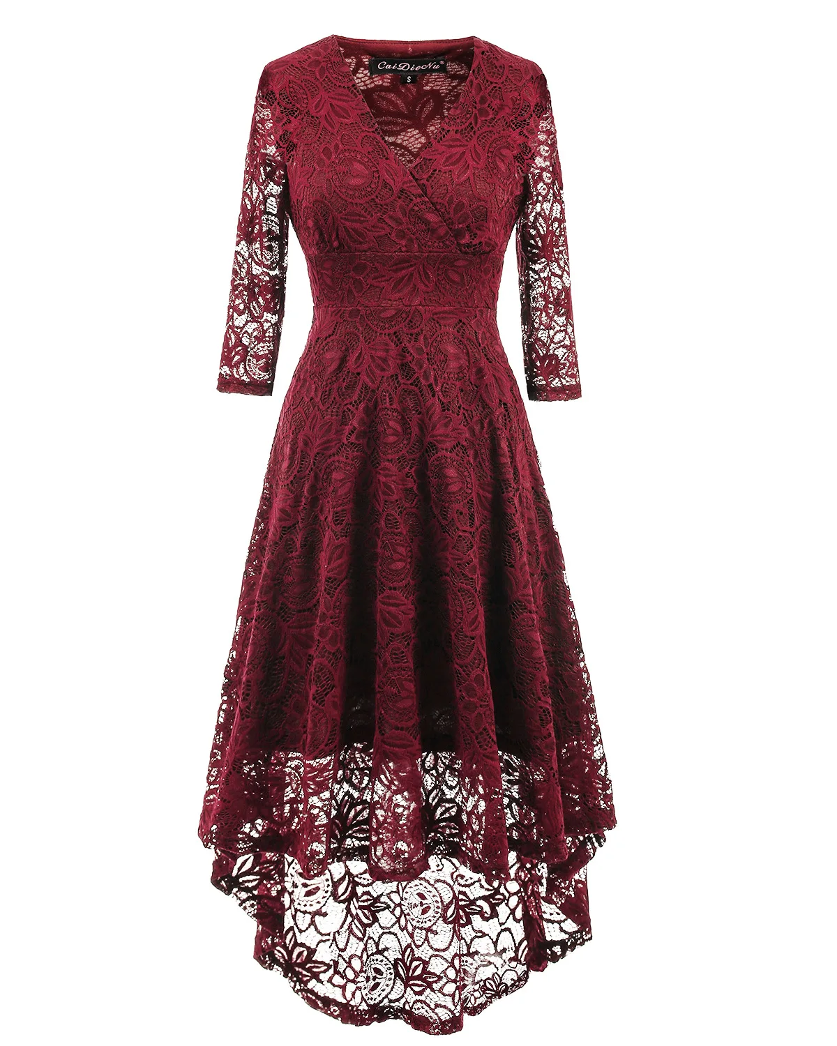WEPBEL, женское летнее платье, Ретро стиль, 50-х, цветочное кружево, 3/4, длинный рукав, глубокий v-образный вырез, высокая талия, вечерние, коктейльное, миди, свободное платье - Цвет: Бургундия
