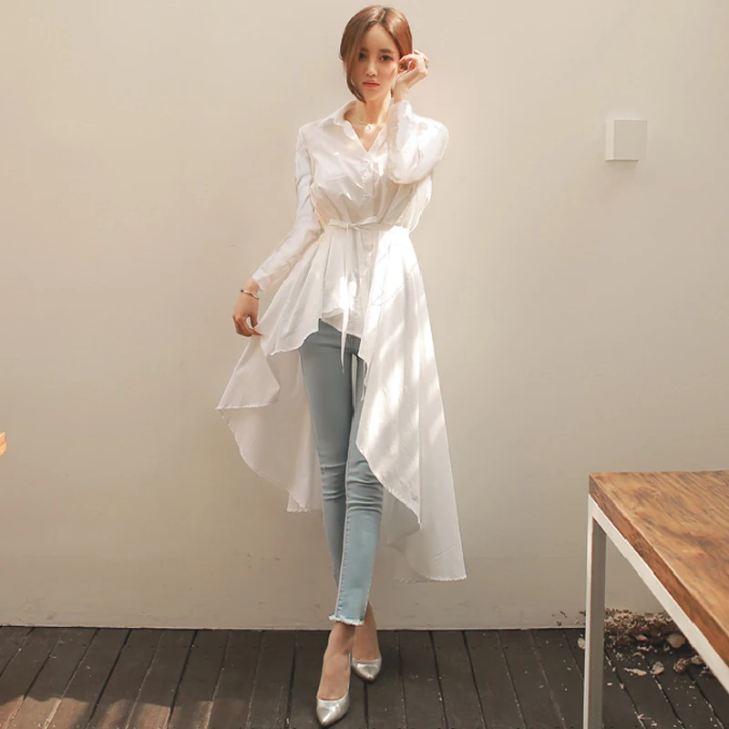 

2019 Elegant Long White Shirts Women V-neck Lace Up Slim Waist Female Blouse Shirts Ladies Tops Shirts blusas mujer de moda