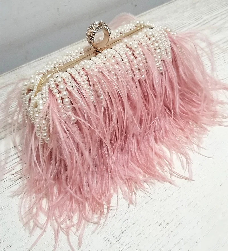 

Wedding clutches phone bag fur feather pearl small messenger handbags for women