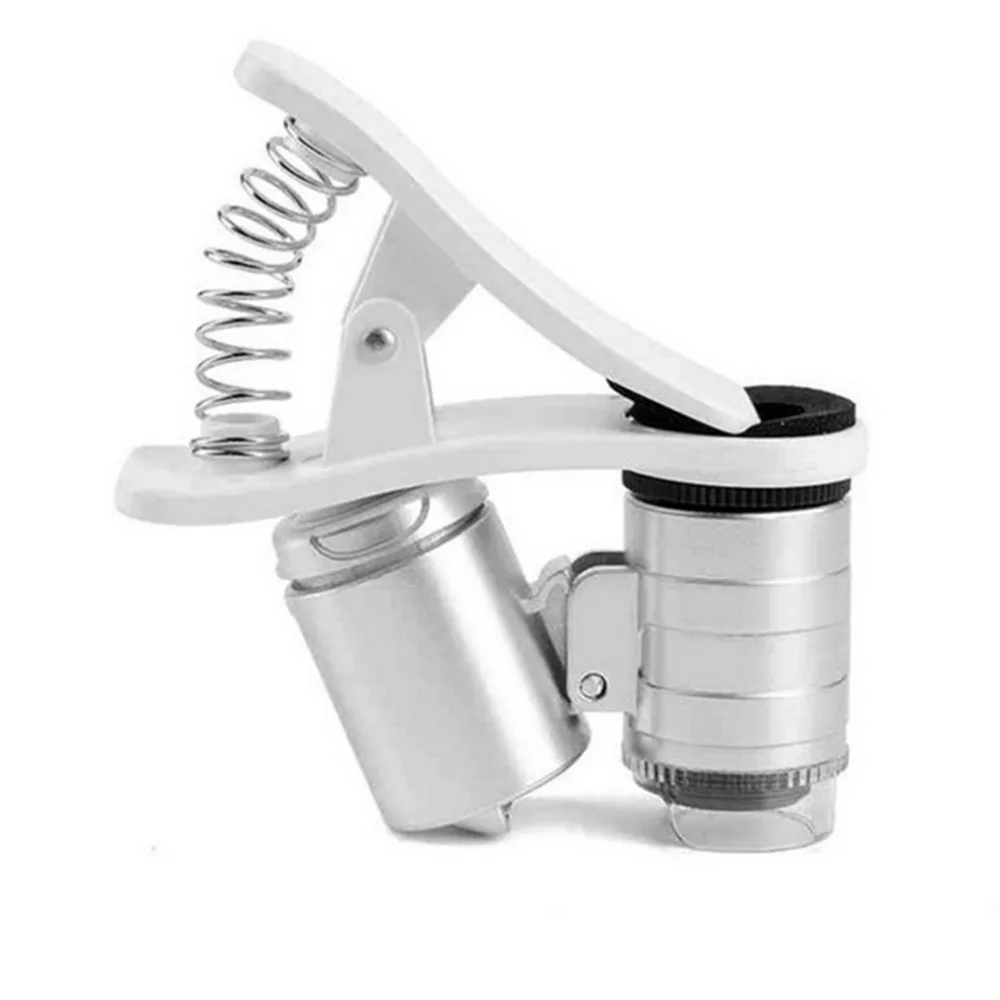 Универсальный 60X Телефон камера микроскоп мини портативный клип на увеличительное стекло с светодиодный/УФ-подсветкой для смартфонов