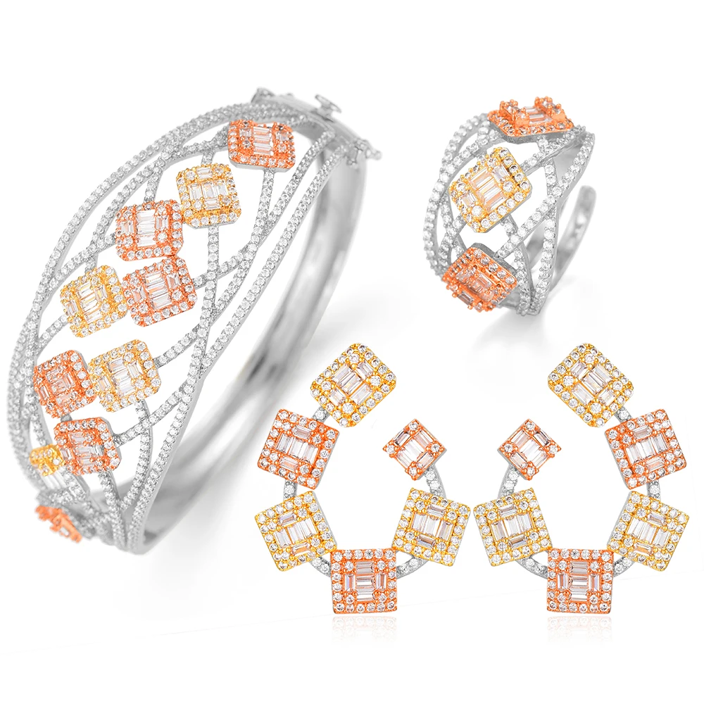 

GODKI BIG Luxury 3pcs EARRING Bangle Ring Sets For Women Wedding Cubic Zircon Crystal Engagement DUBAI Bridal Jewelry Sets 2019