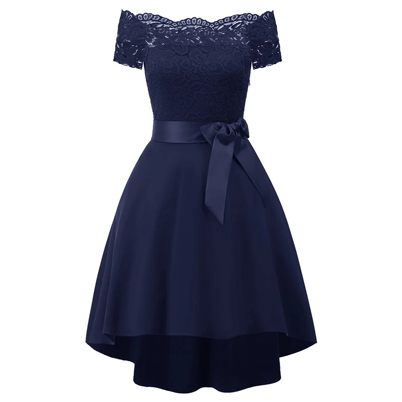 Элегантное женское платье с открытыми плечами и вырезом лодочкой, цветочный кружевной ремень на талии, коктейль с коротким рукавом, Необычные Сексуальные вечерние платья - Цвет: Dark Blue