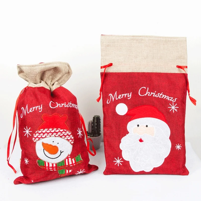

Christmas Stocking Holders Embroidered Drawstring Treat Bag Linen Cloth Christmas Gift Bag Holiday Party Supplies Santa Sacks