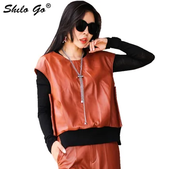 

SHILO GO Leather Blouse Womens Spring Fashion sheepskin genuine leather Blouse O Neck short sleeve concise Casual brown pullover