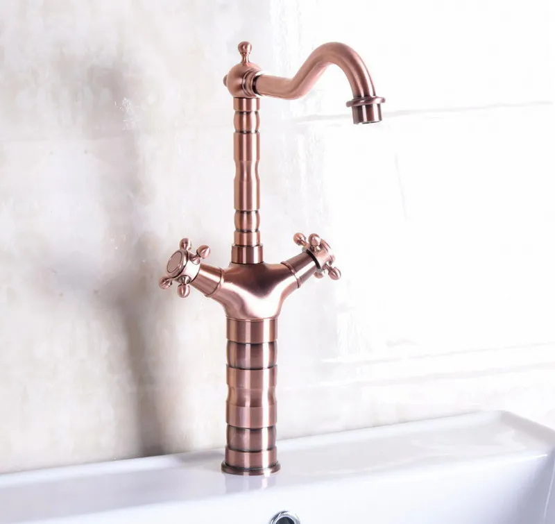 Vintage Red Copper Antique Brass Dual Cross Handles Swivel Spout Kitchen Sink Faucet Cold & Hot Mixer Tap anf127