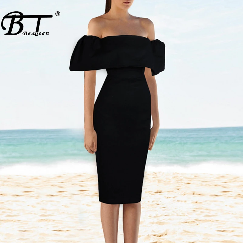 

Beateen 2019 New Arrival Off Shoulder Bandeau Back Zipper Women Party Dress Midi Dress Black