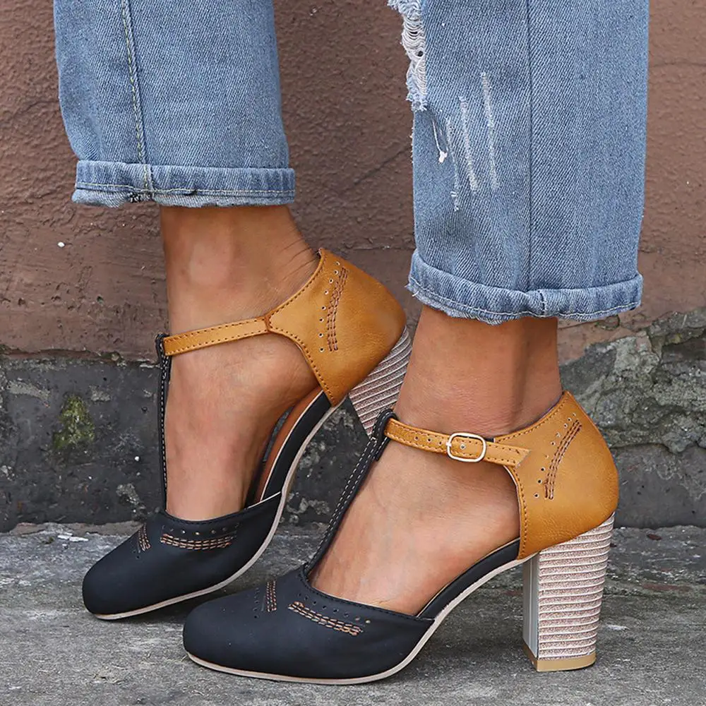 Женские летние туфли-лодочки; туфли на высоком каблуке; повседневная женская обувь на платформе с круглым носком; свадебные модельные туфли с Т-образным ремешком на квадратном каблуке; zapatos de mujer