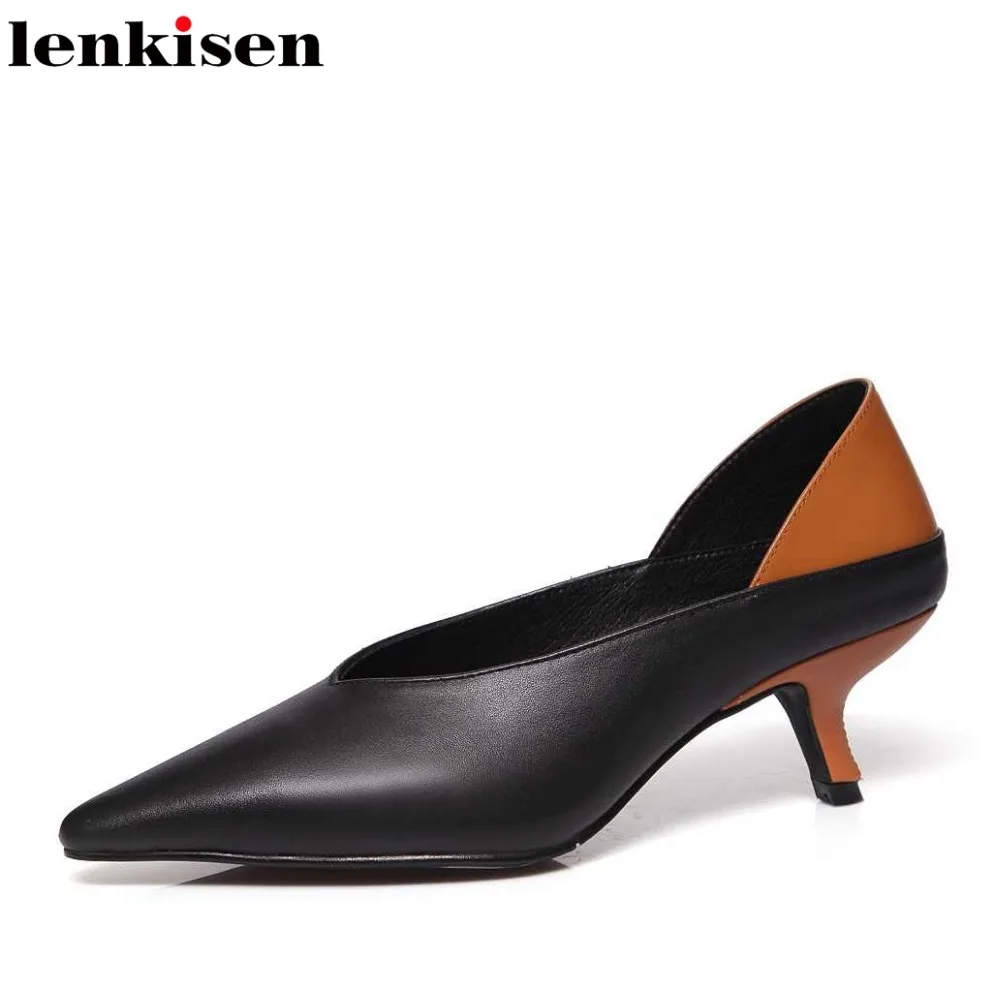 

Lenkisen elegant spring summer cow leather slip on shallow pointed toe European style mixed colors med heel lazy women pumps L26